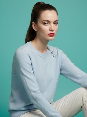 Studio London Blue Rhinestone Accent Buttons Knit Top Size L